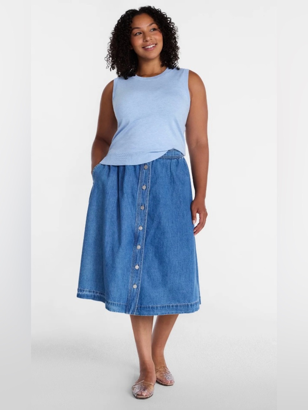 NWT Time and Tru Blue Button-Front Denim Midi Skirt